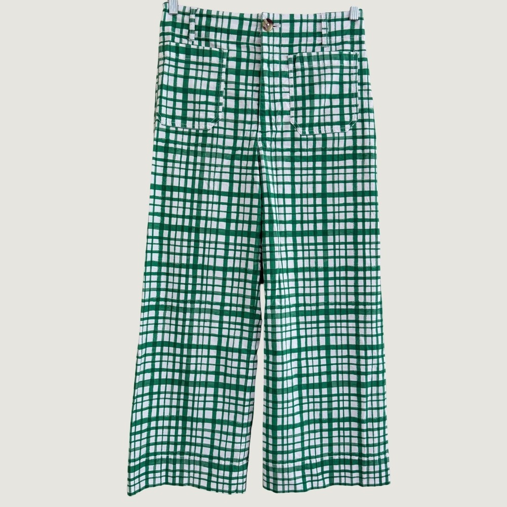 Maeve Anthropologie The Colette Wide Leg Cropped Pants Womens 30 Green Plaid